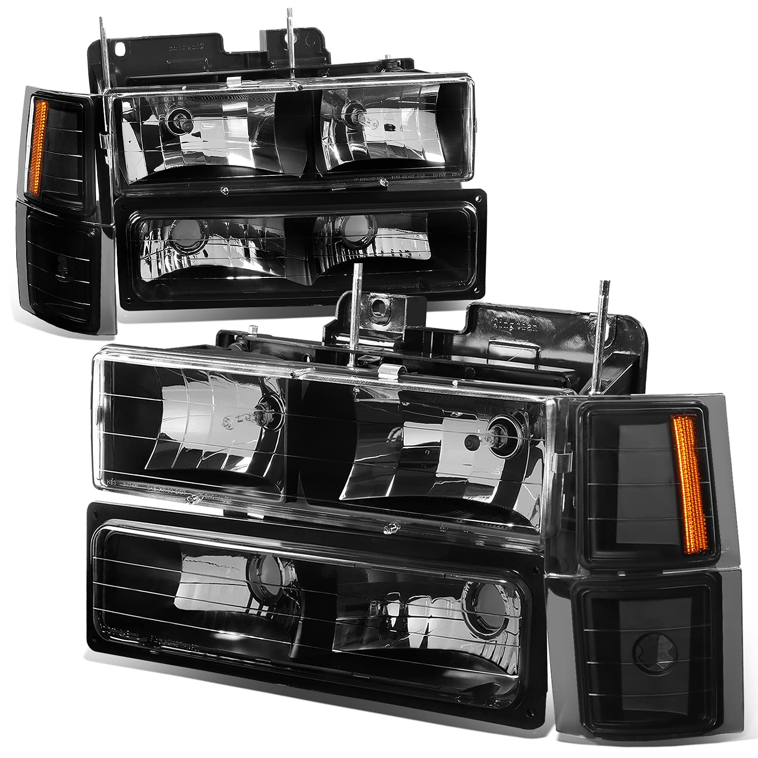 Auto Dynasty 8PCS Factory Style Headlights Assembly with Bumper and Corner Lamp Compatible with Chevy C10 C/K Blazer Suburban Tahoe 94-02, Driver and Passenger Side, Black Housing Amber Corner