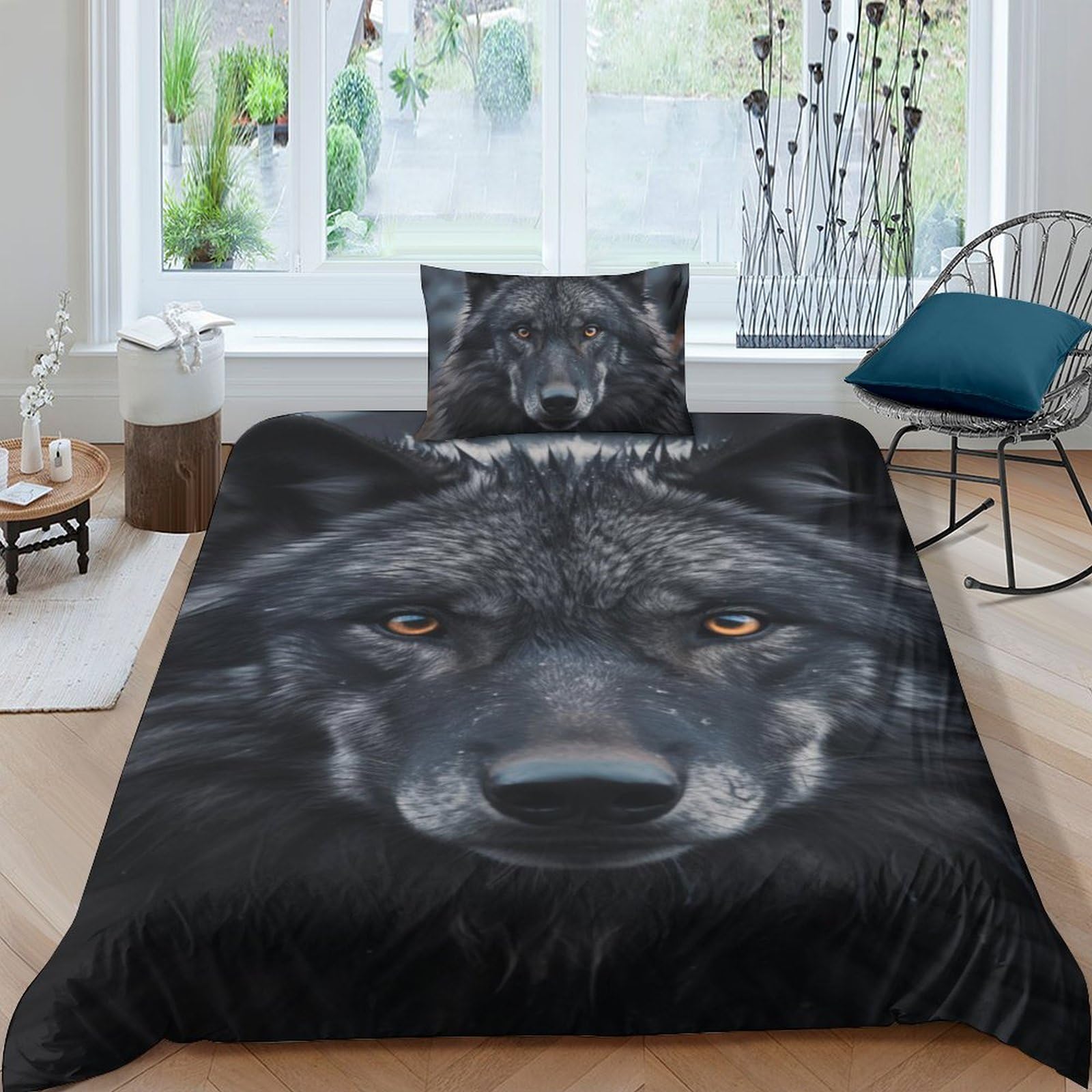 Housse de couette loup 135x200 cm parure déco chambre sauvage