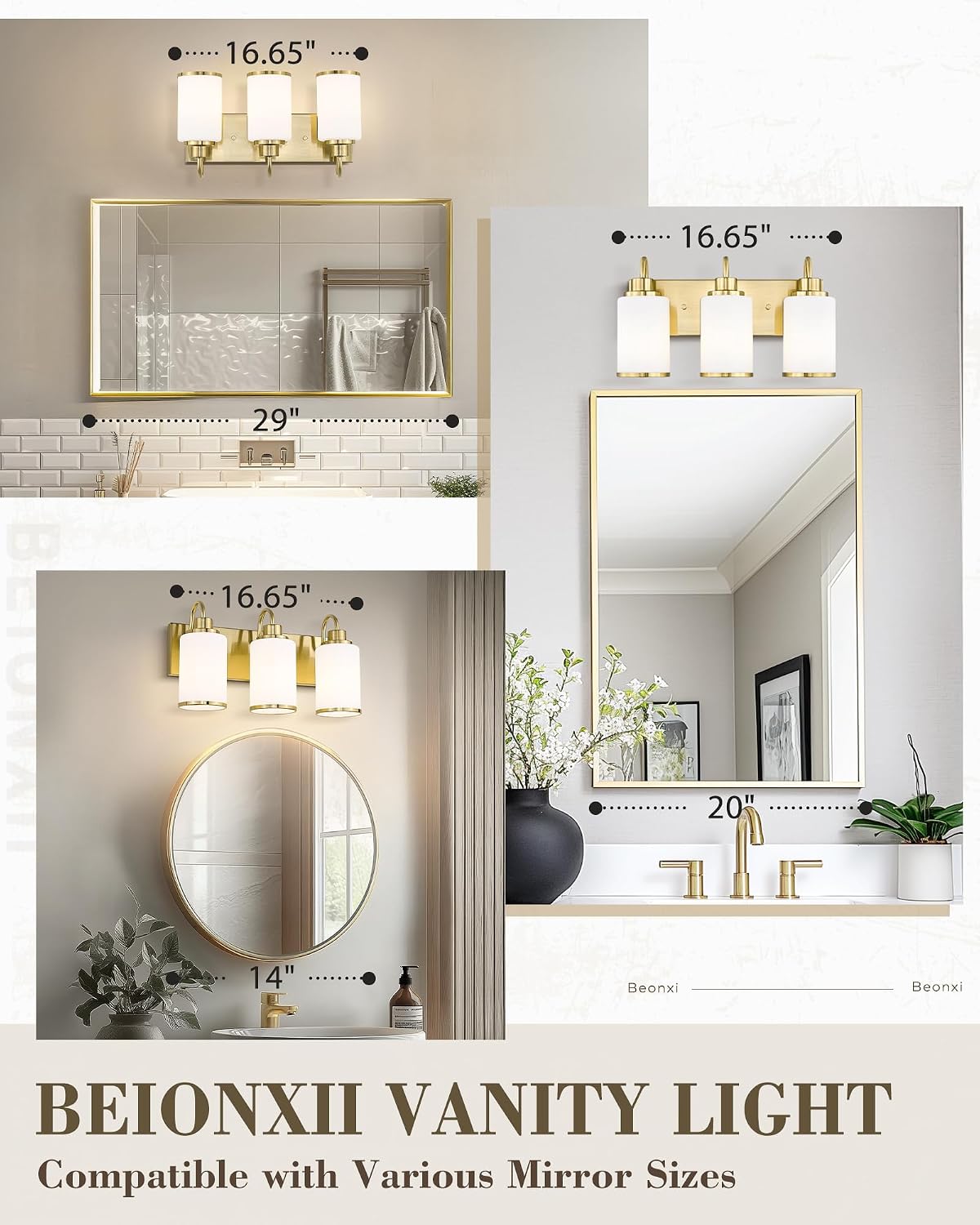 Beionxii Bathroom Vanity Light, 3 Light Gold Bathroom Light Fixtures, Vanity Lights with Milk Glass Shade, Modern Vanity Lighting Fixtures Over Mirror Living Room Hallway, BX-VL01BG-3