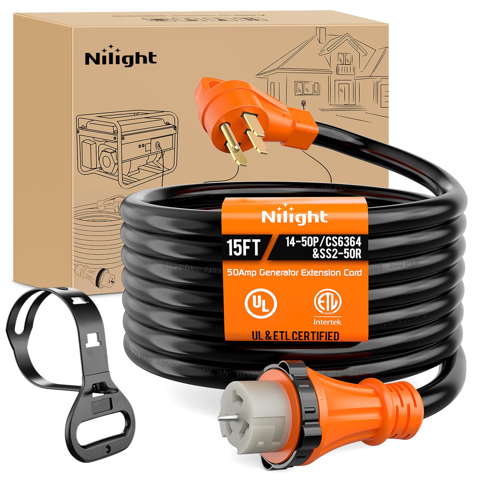 Nilight 50 Amp 15FT Generator Extension Cord UL Listed Pure Copper Wire