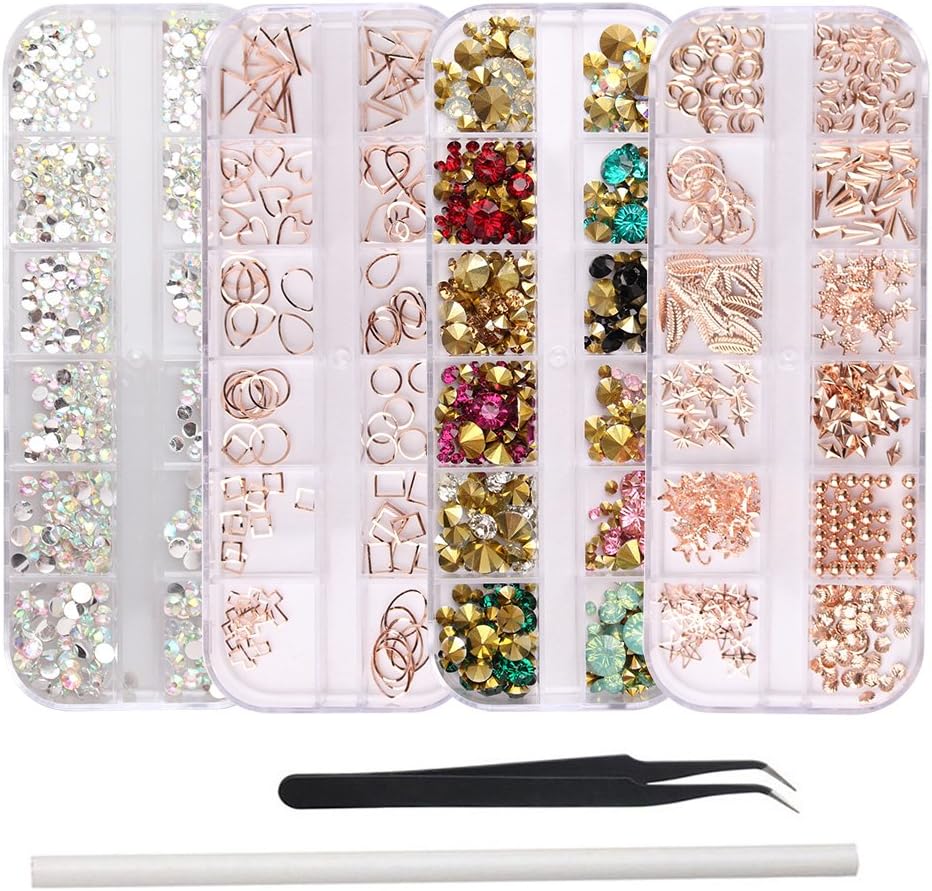 WOKOTO 4Pcs Nail Art Crystals And Rhinestones Rose Gold Metal Stud Nail Art Sharp And Flat Base Rhinestones Kit With Tweezers And Rhinestone Picker Pencil