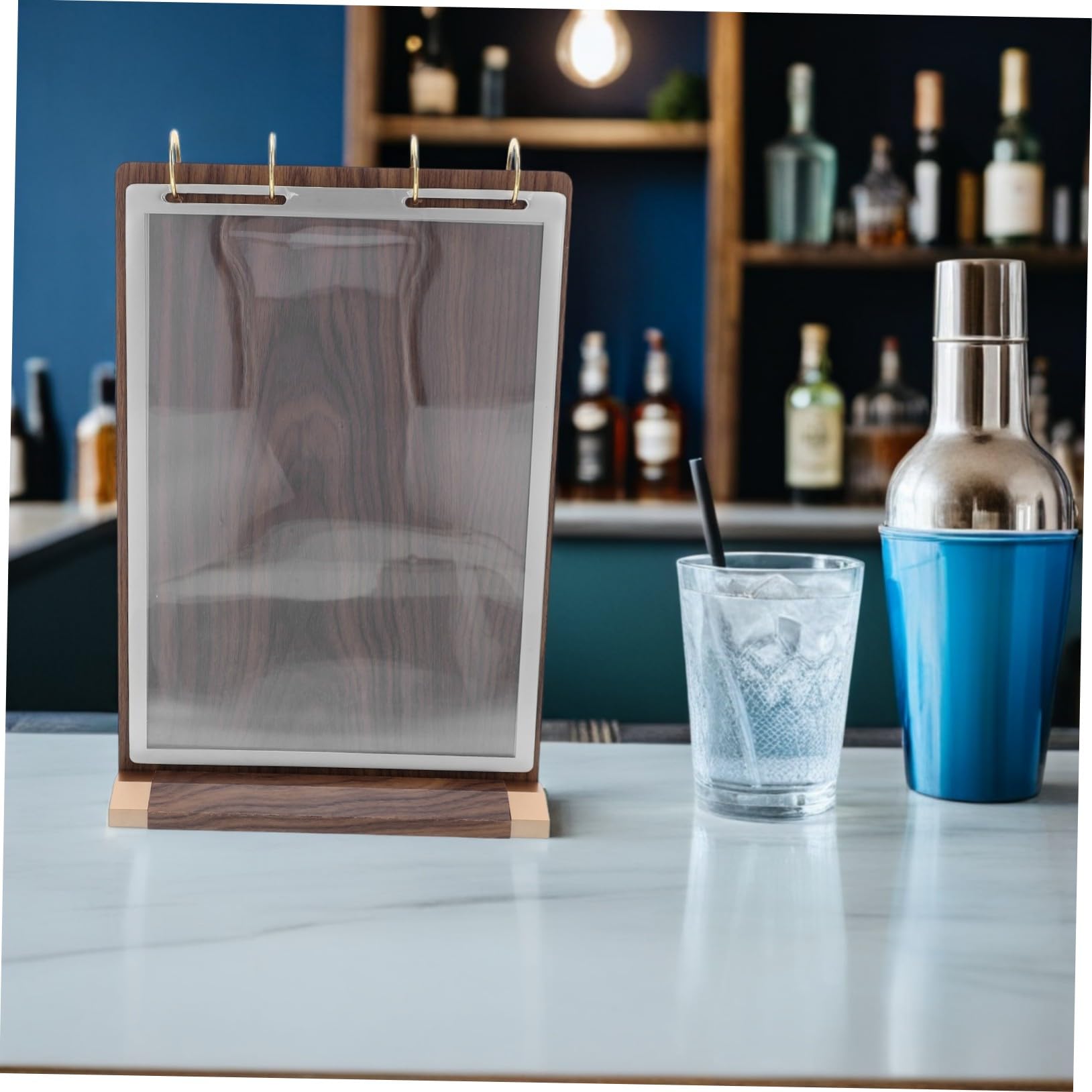 LABRIMP Soporte para Cartas de Menú de Madera de Nogal Exhibidor de Mesa con Páginas Doble Cara Soporte Giratorio para Restaurantes y Cafeterías Fácil Cambio Presentación Versátil para