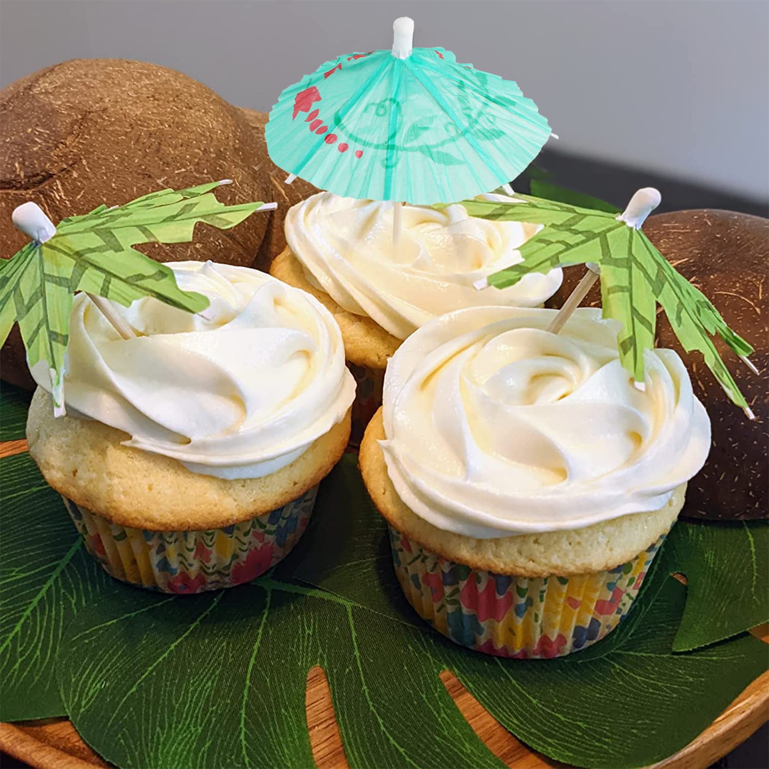40 Pieces Green Tropical Coconut Palm Tree Paper Umbrella Cocktail Picks 50 100 Parasol Drinking Straws Drinks Fruit Picks Cupcake Toppers - View #5