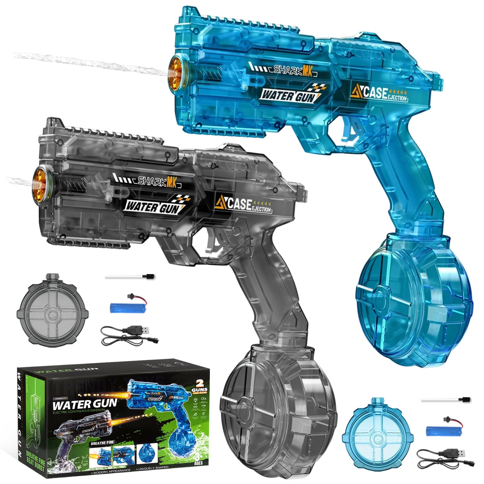 2 Pack Electric Water Guns for Kids Adults, Automatic Water Pistols with LED Lights, Long Range Super Soaker Blaster, Rechargeable Battery, Summer Outdoor Pool Beach Water Toys (Blue & Black)