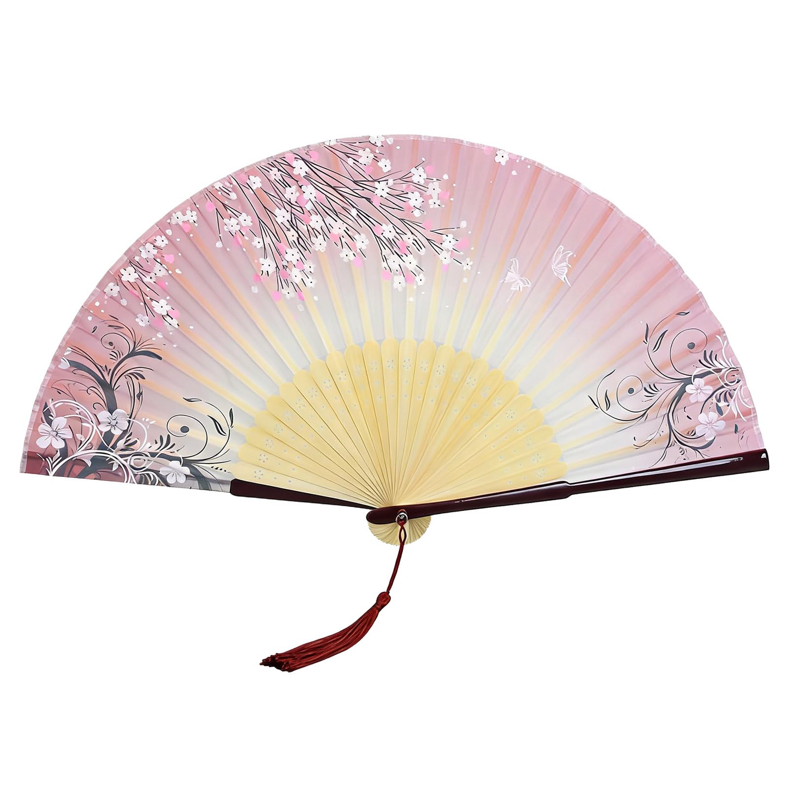 JSGHGDF Foldable Hand Fan with Tassels Chinese Florals Imitation Silk Handheld Fan for Travel Offices and Home Decoration Traditional Chinese