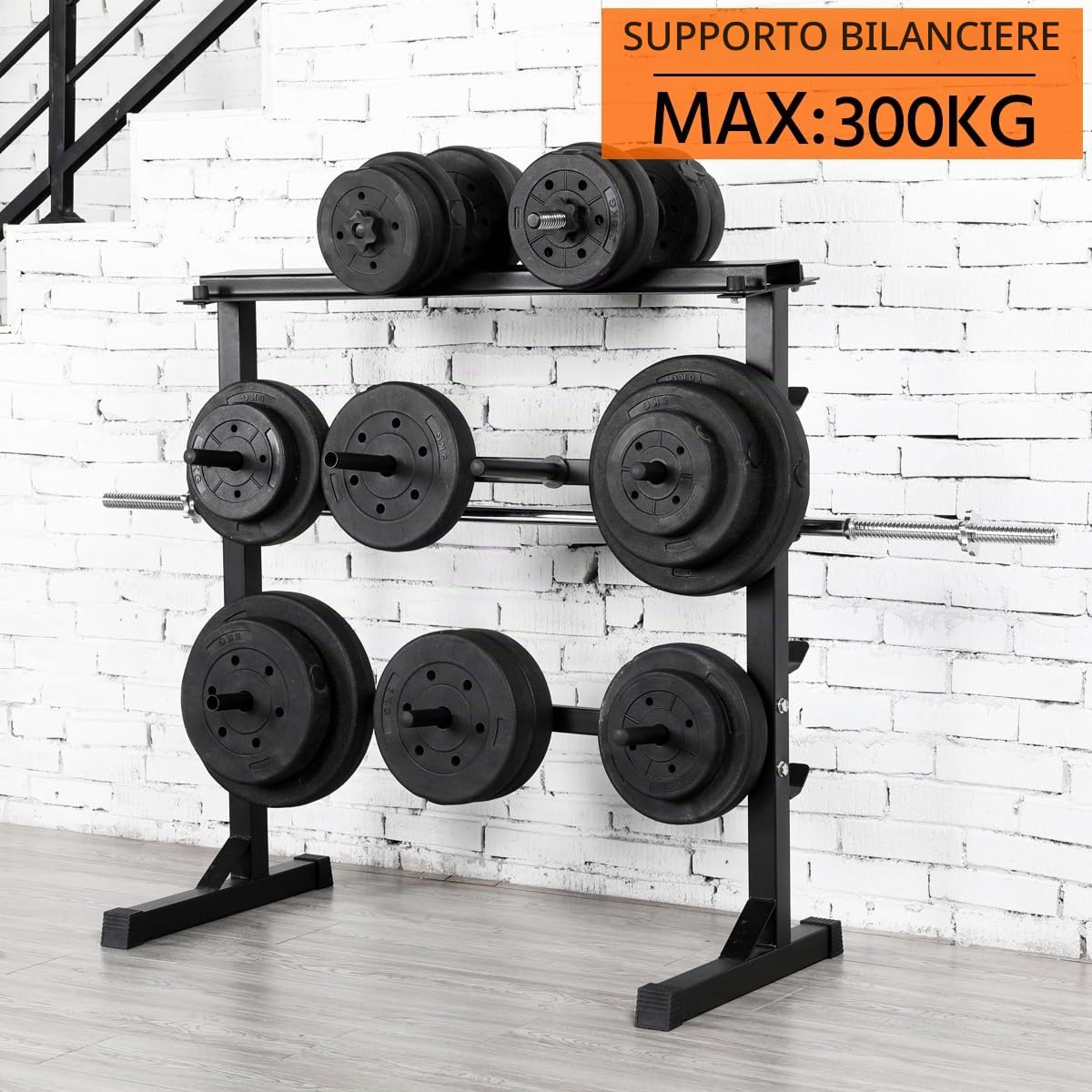 Supporto Bilanciere Porta Dischi pesi Manubri Rastrelliera manubri per palestra casa a 3 ripiani 300 kg