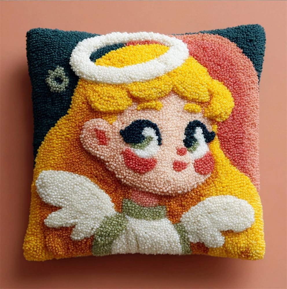 3D Pillow Latch Hook Embroidery Kits Cartoon Angel Girl Diy Pillow Materials Package Crocheting Rug Yarn Cushion Embroidery Set Fit For Beginners Embroidery Kit Pillowcase Cushion 17X17Inch