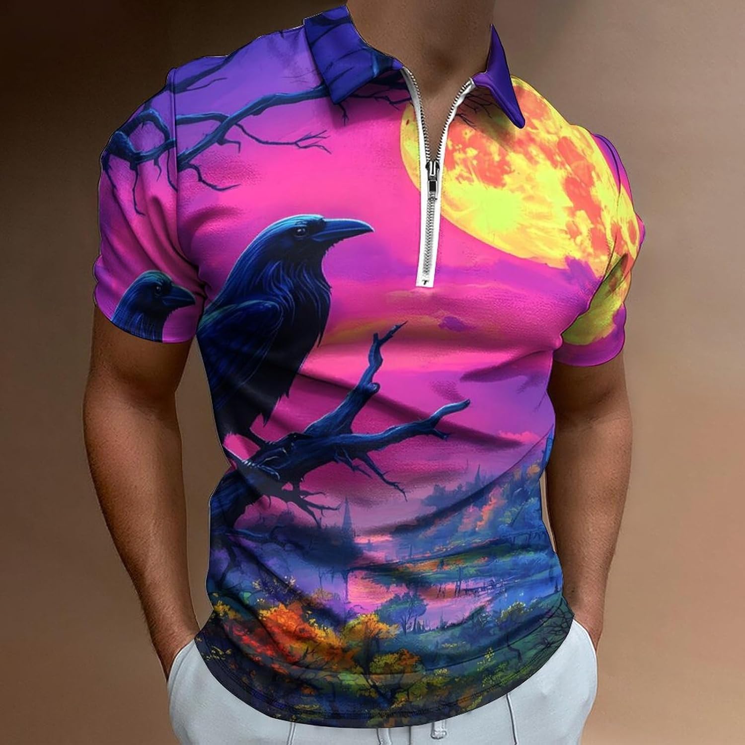 Crow Print Polo Shirts for Men Dress Shirts Short Sleeve Golf Shirt Casual T-Shirts Top