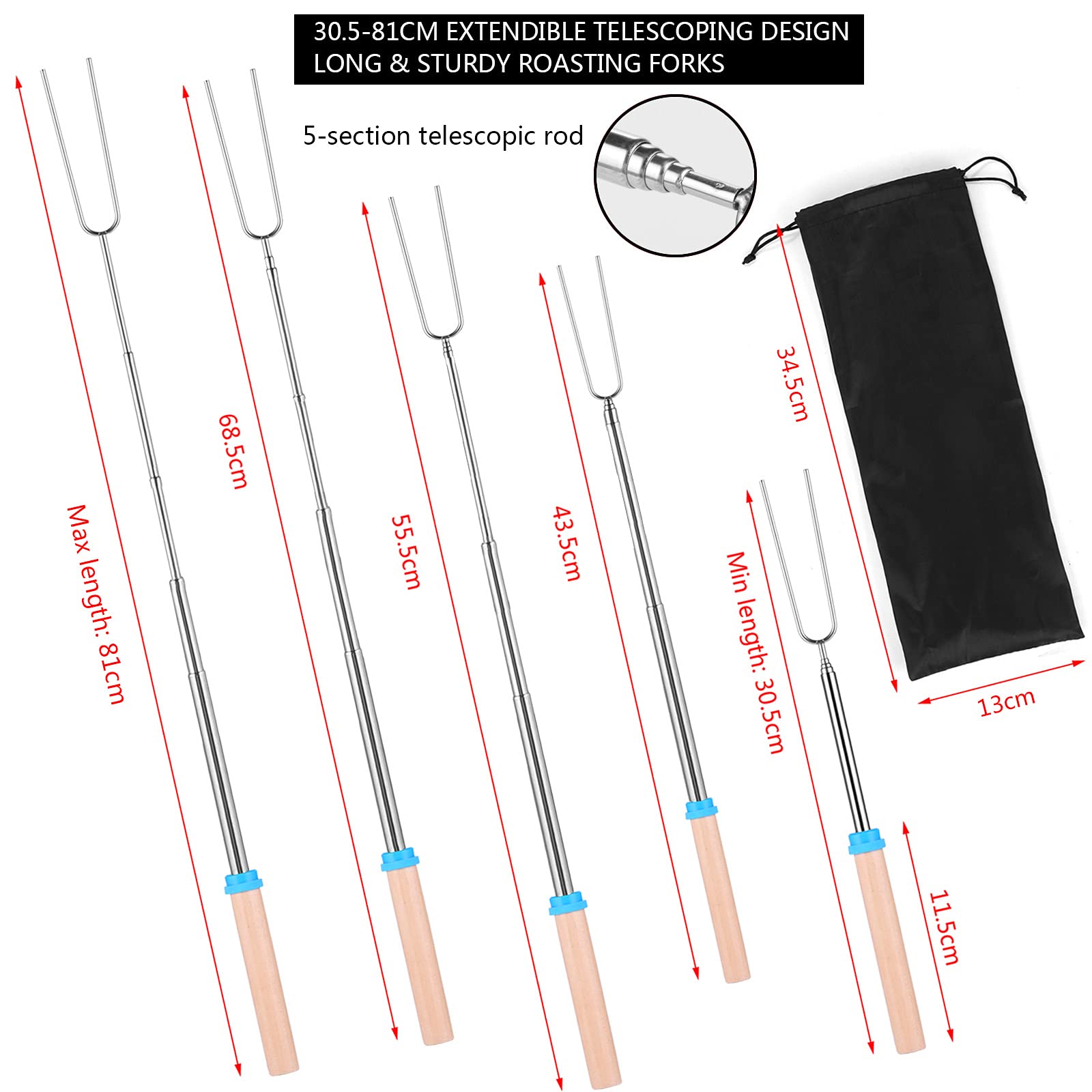 12pcs Pinchos de Barbacoa de Acero Inoxidable, Tenedore para Barbacoa Extensible 30,5-81cm, Brochetas de Barbacoa Malvavisco para Fogatas Hot Dog Parrilla (con Bolsa de Lona)