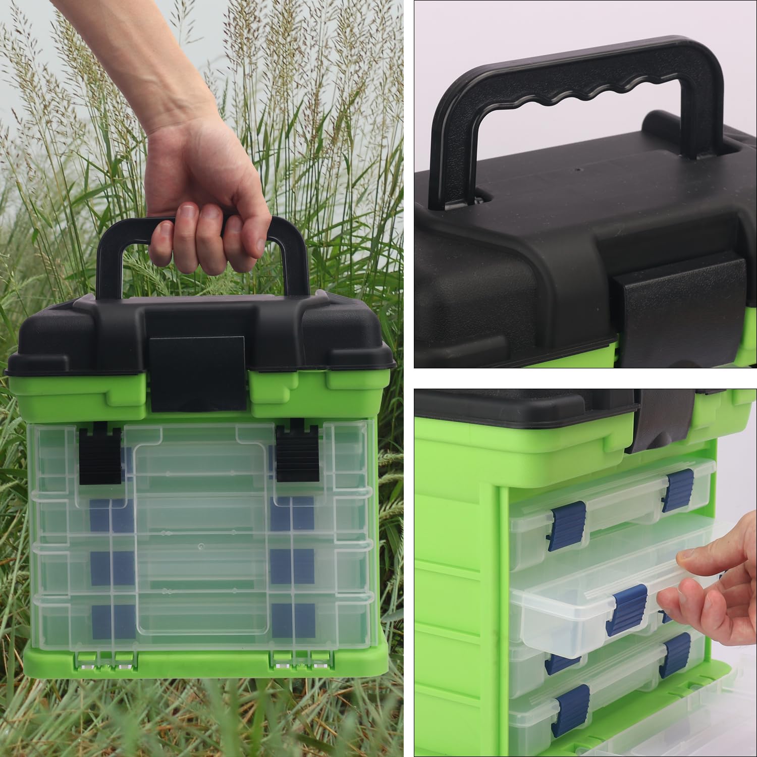 Caja de aparejos de pesca, caja de pesca de 4 capas, cajas de aparejos, almacenamiento superior de acceso rápido con tapa para equipo de pesca y accesorios, (verde) KUKLIPJIM