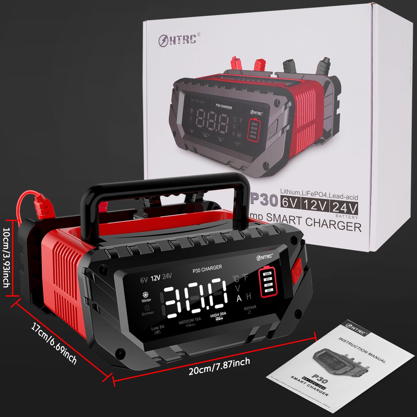 HTRC 6V/12V/24V 30A Carica Batterie per Auto – per LiFePO4 e Piombo Acido | Caricabatteria Intelligente per Auto, Moto e Camper. Mantenitore, Compensazione Temperatura, LiFePO4, AGM, EFB e Piombo Acido
