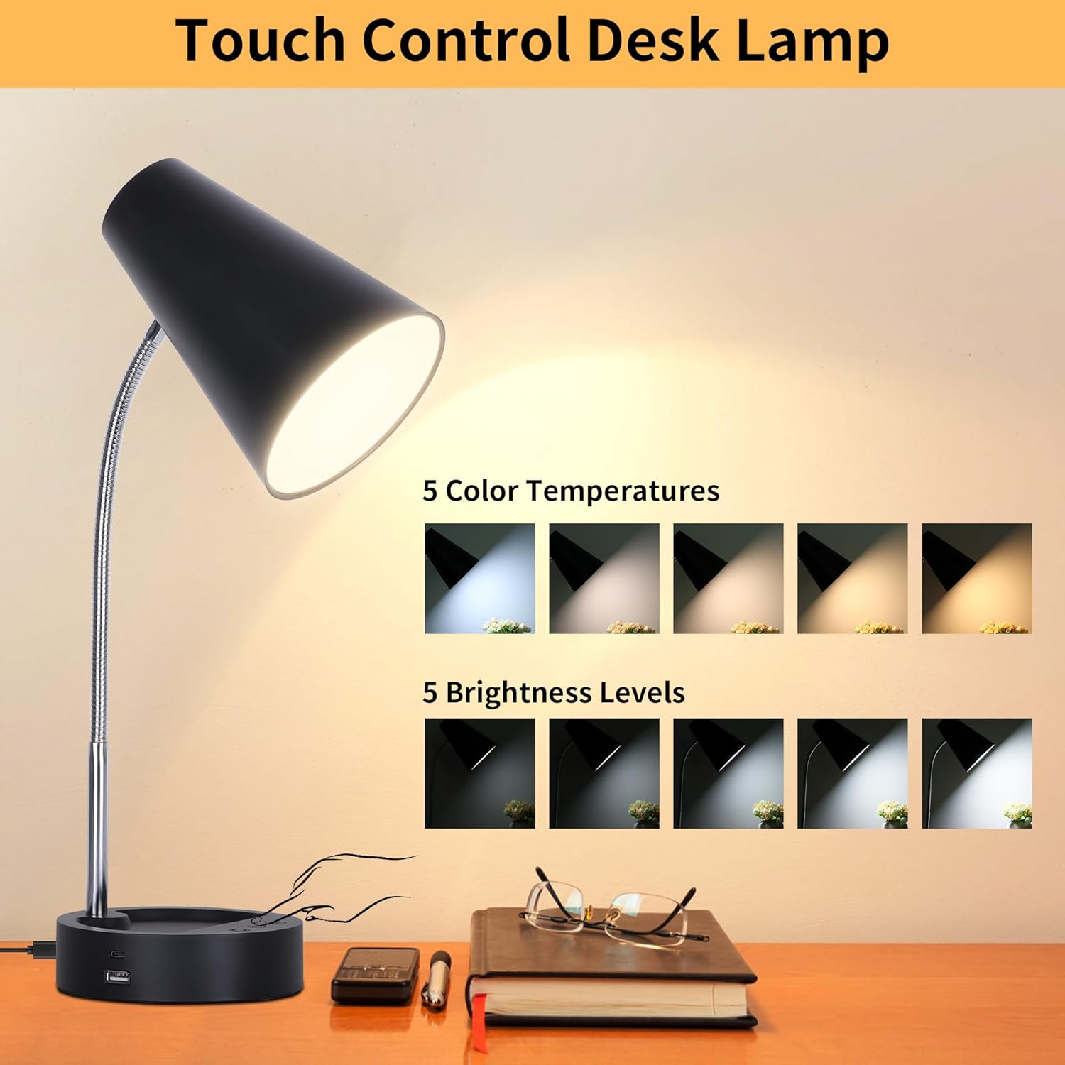 RUNTOP Desk Lamp, Black Desk Lamps for Home Office, LED Desk Light with USB Port and Type C Port, 5 Brightness Levels, 5 Color Temperatures, Flexible Gooseneck Desk Lamp, Table Lamp for Reading Study