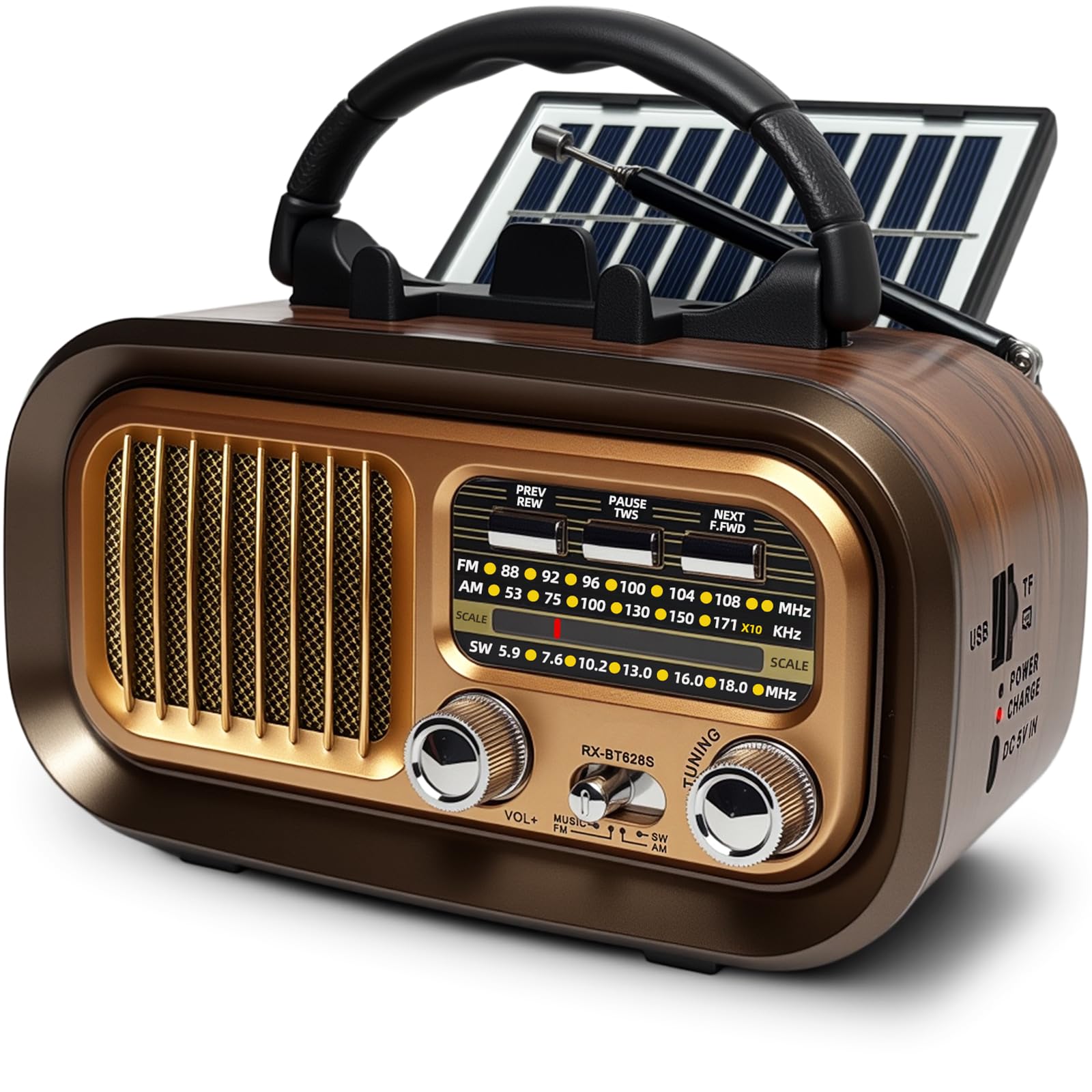Radio Portatil Pequeña, Am/FM/SW Transistores Radio con Panel Solar, Radio Bluetooth Retro Alimentada por Baterías Recargables de 1200mAh o Pilas D, Radio FM Soporta USB/Tarjeta TF/TWS
