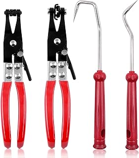 Tanstic 4Pcs Hose Clamp Pliers Set Including 1Pc Cross Slotted Jaw Pliers, 1Pc Flat Band Hose Clamp Pliers, and 2Pcs Hose Removal Hook Set for Installation of Low Radiators and Hose Removal