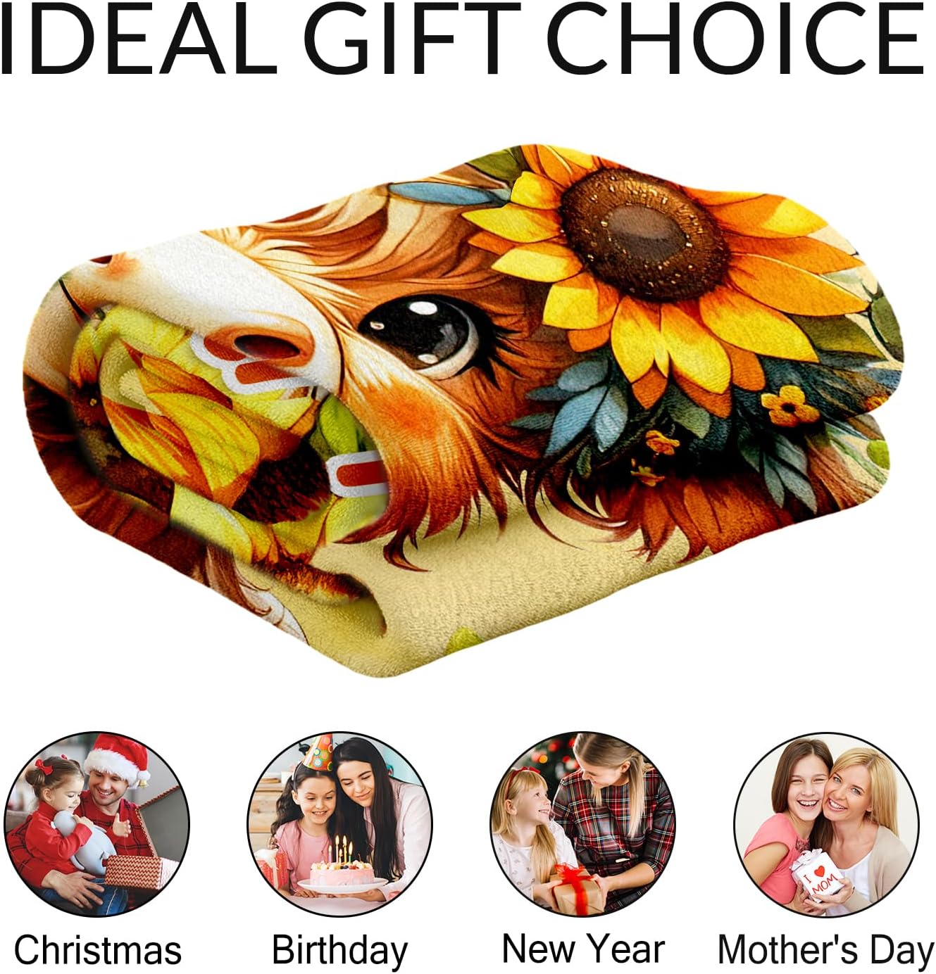 Custom Highland Cow Throw Blanket - 50" x 60" Inches Highland Cow Sunflower Blanket for Teens - Yellow Lightweight Warm Throw for Couch, Bed & Travel