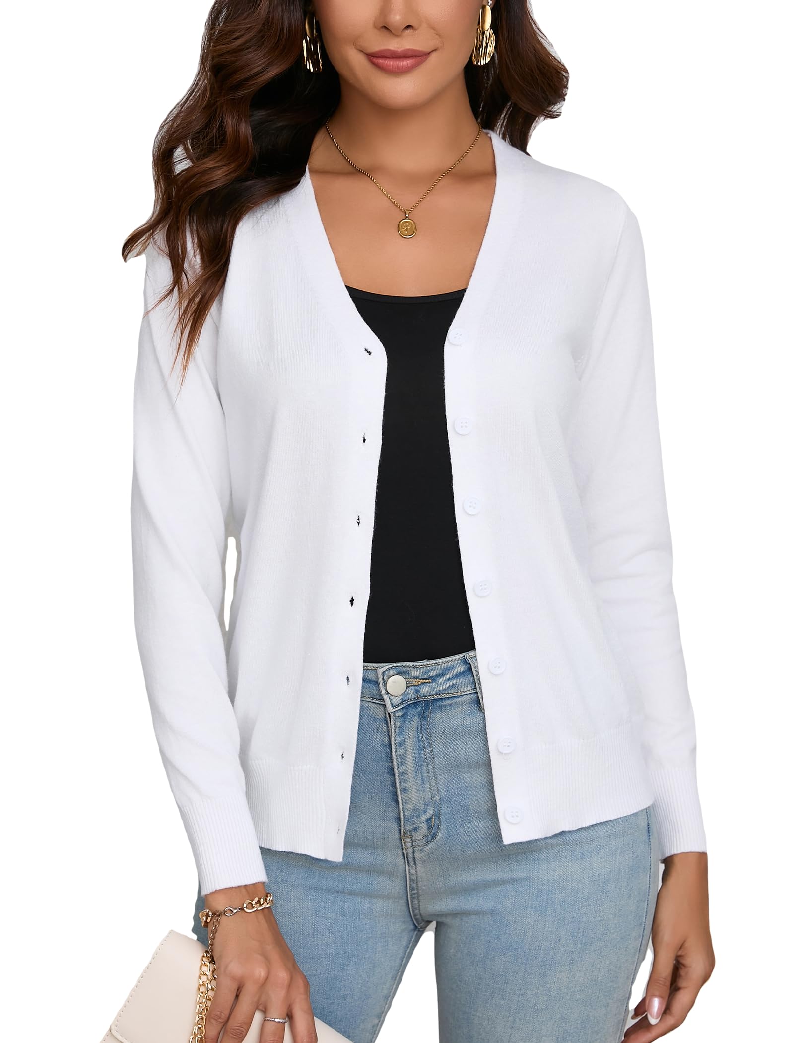 Damen Strickjacke Langarm V Ausschnitt Lang Cardigan mit Knöpfen Weiche Leichte Feinstrick Jacke für Herbst