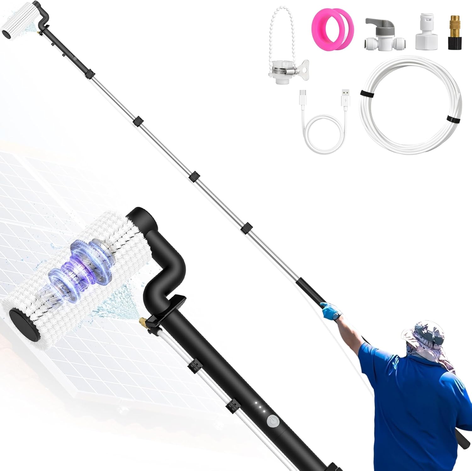 Solar Panel Cleaning Brush and Pole, 20FT Electric Cleaning Roller Brush with Telescopic Water Fed Pole, 100Mins Runtime, 2 Spin Speeds, Outdoor Window Cleaning System for Solar Panel, Window, Roof Black