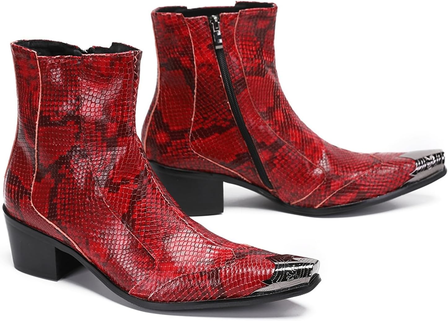 [Taopagii] 本革 チェルシーブーツ リザード型押 ハイヒール ポインテッドトゥ しヘビ柄 パイソン柄 ショットブーツ メン