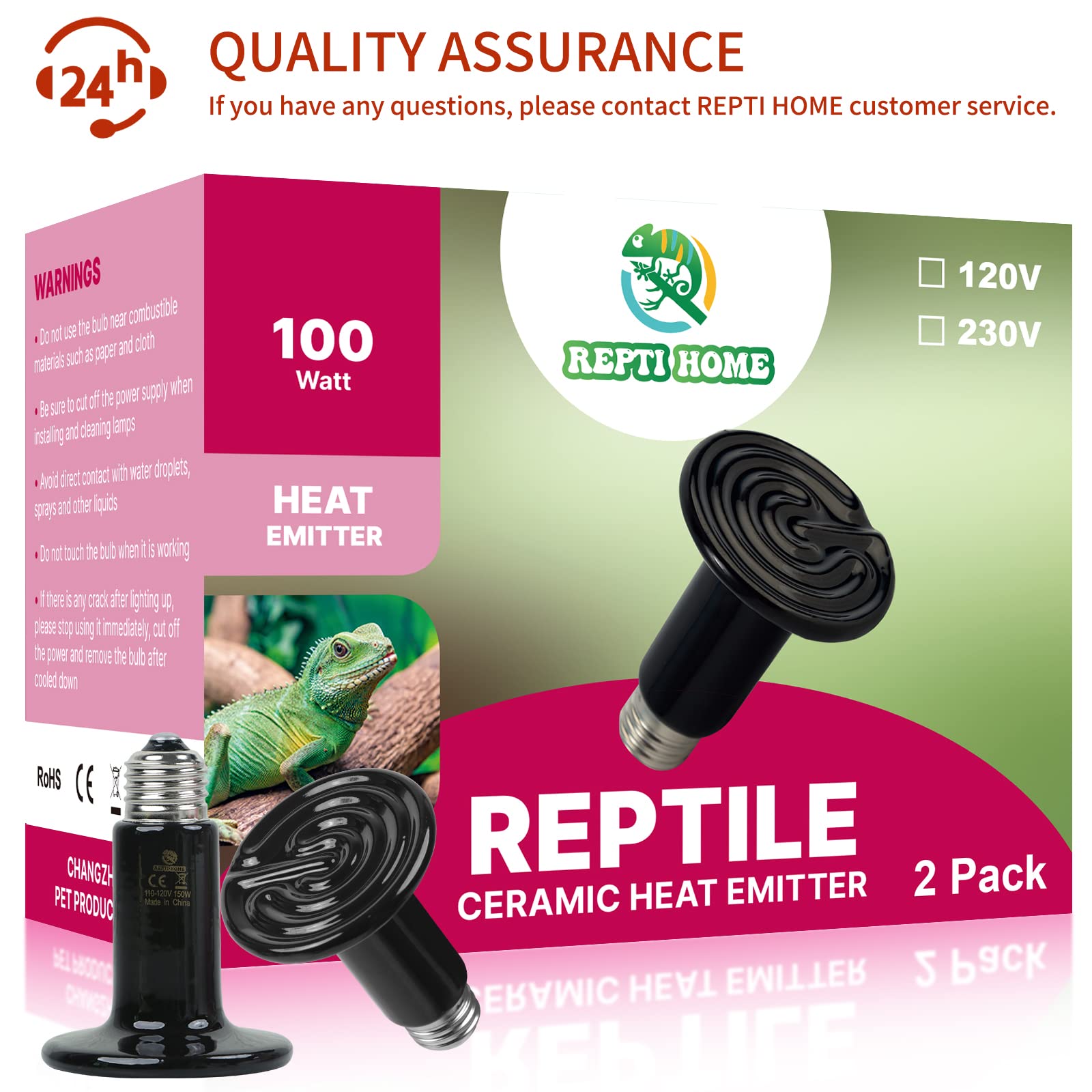 REPTI HOME 100W Ceramic Heat Emitter (2 Pack), Reptile Heat Lamp Bulbs, Ceramic Heater for Amphibian, Pet Brooder Coop, Chicken, Dog, Cat - image 7