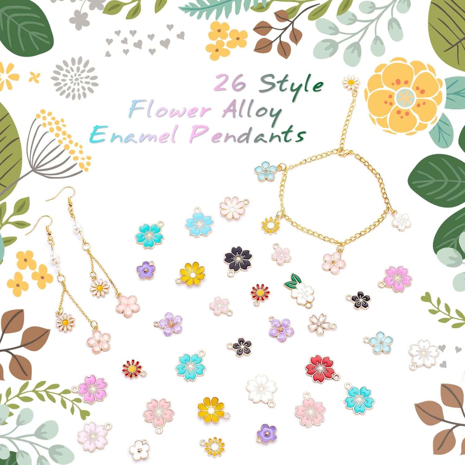 PH PandaHall 104pcs 26 Styles Enamel Flower Charms Colourful Floral Pendants Daisy Cherry Flower Dangle Charms for Spring Summer Daisy Necklace Cherry Earrings Jewellery Making - Image 5