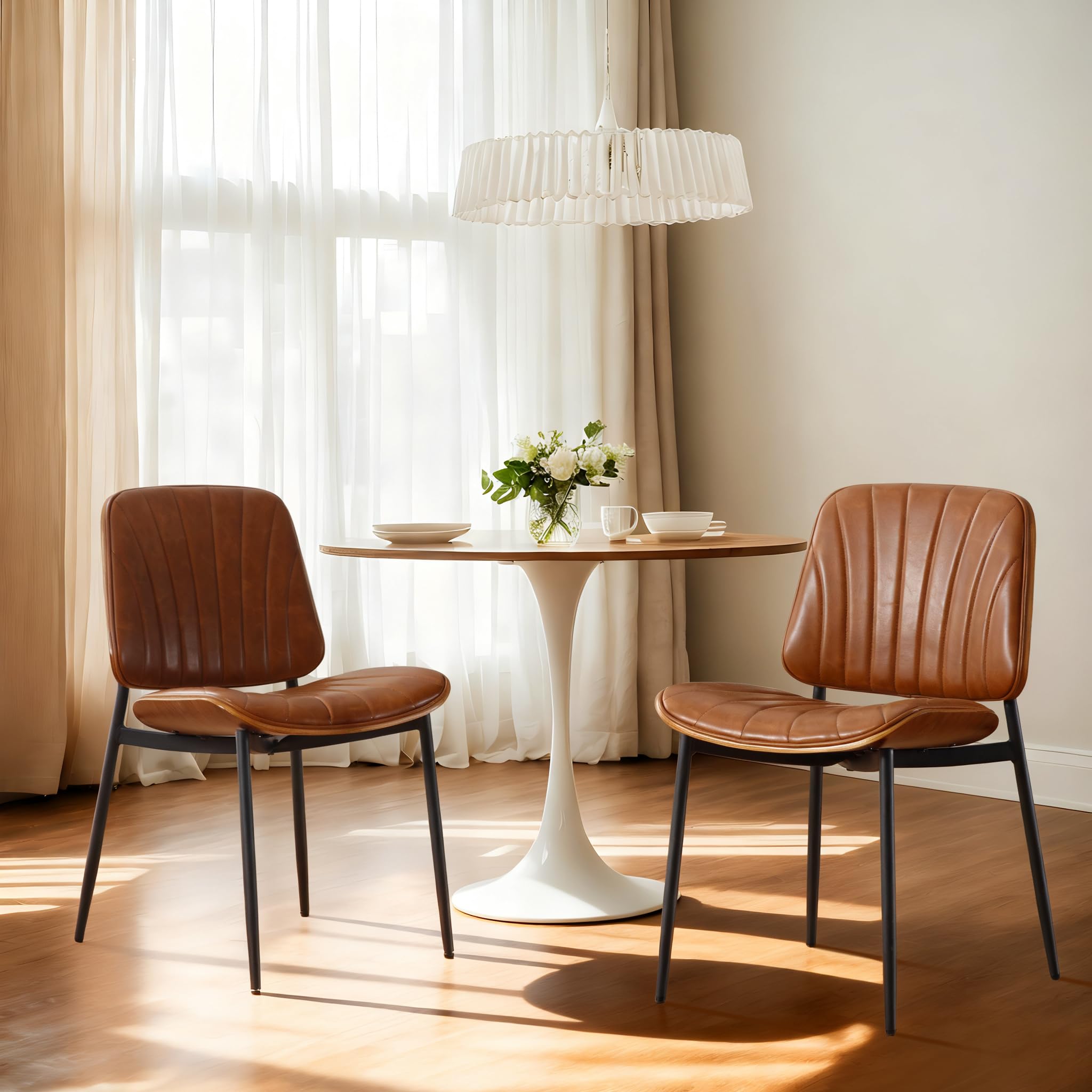 chairus Modern Dining Chairs 2pcs, PU Leather+Wood Seat, Brown
