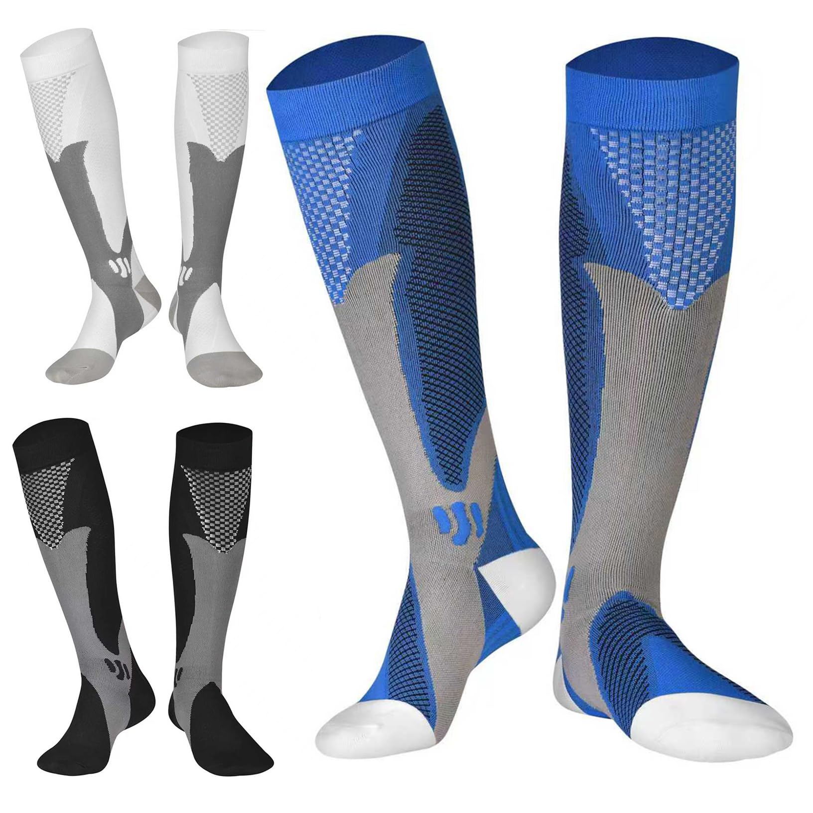 Gcbiger Unisex Black+Blue+White Compression Socks (3 Pairs) For Men Circulation 20-30 Mmhg Medical Compression Stockings Women Nursing