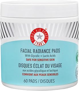 First Aid Beauty - Facial Radiance Pads with Glycolic & Lactic Acids, Daily Exfoliating Pads with AHA, Visibly Smaller Pores, Help Tone & Brighten Skin, One-Step Makeup Prep, Compostable, 60