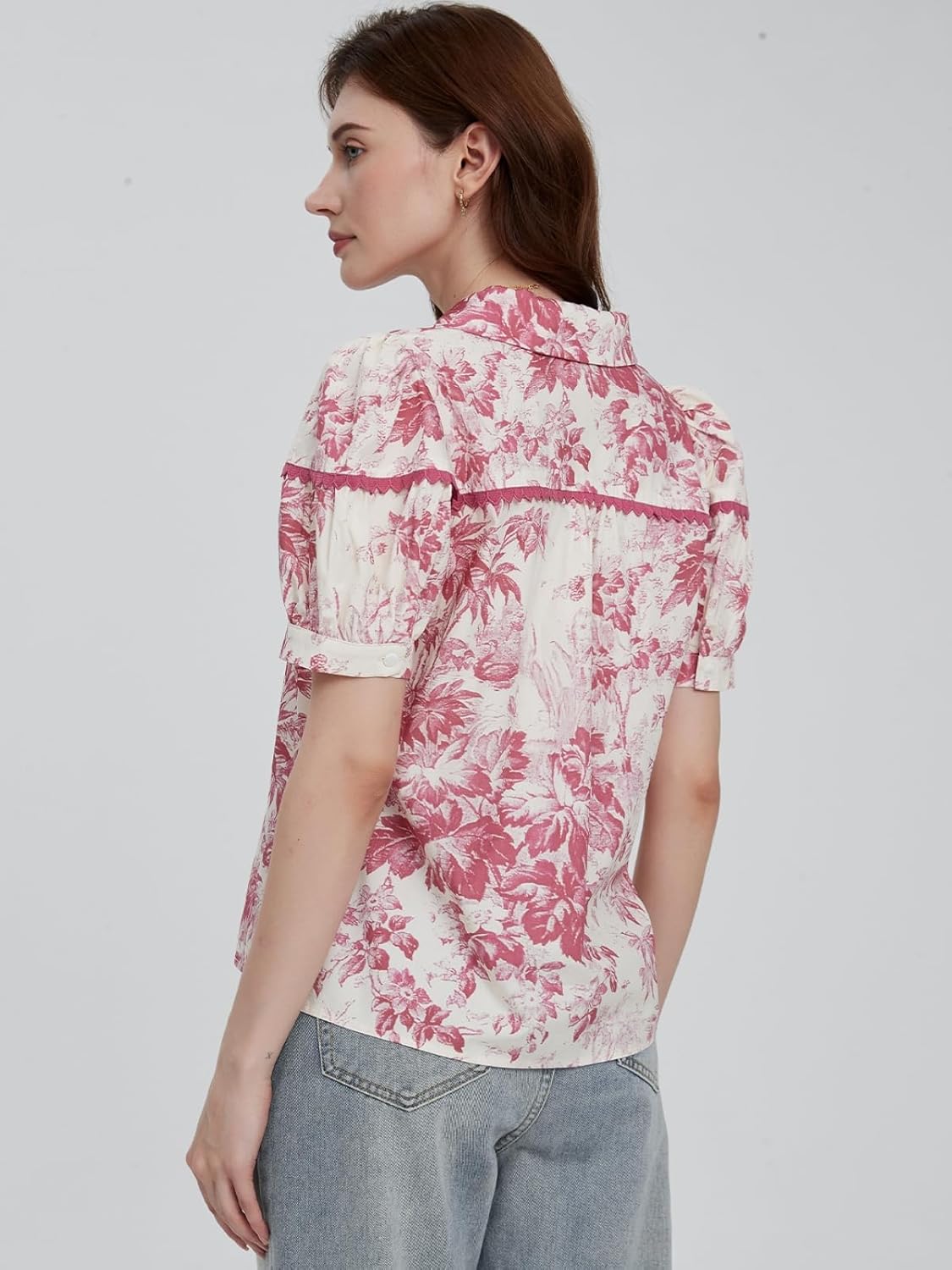 Floral Print Top for Women Puff Sleeve Boho Blouses Short Sleeve Work Shirts - Image 3