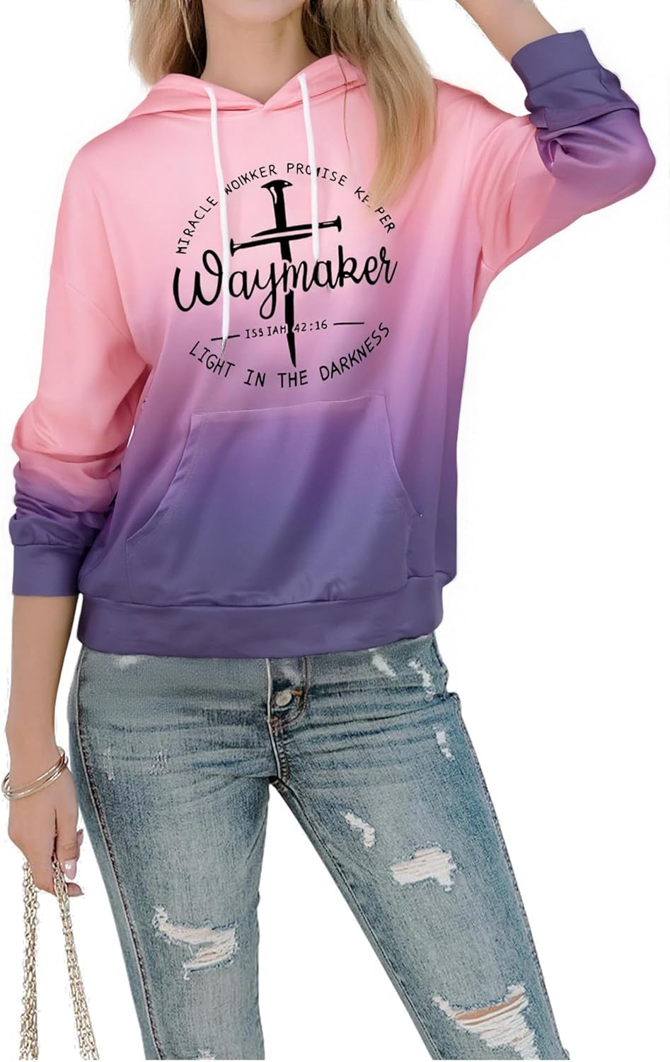 FASHGL Women Waymaker Sweatshirt Miracle Worker Promise Keeper Hoodie Christian Faith Pullover Hooded Long Sleeve Top