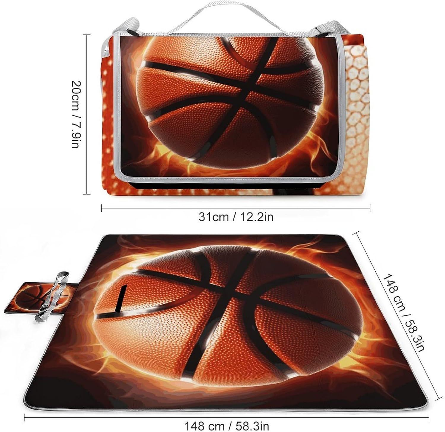 Basketball Waterproof Picnic Blanket 58.3''x58.3'',Portable and Foldable Picnic Mat with Handle,Outdoor Blankets for Lawn Park Beach Travel