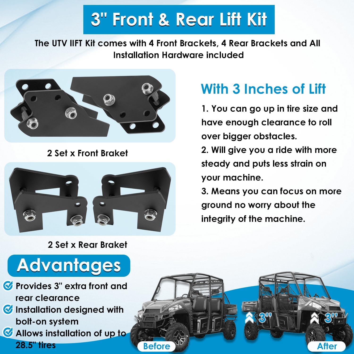 3'' Lift Kit UTV Front & Rear Suspension for Polaris Ranger 570 Fullsize/XP 570/XP 900/ XP 1000/1000 Diesel 2013 2014 2015 2016 2017 2018 2019 2020 2021 2022