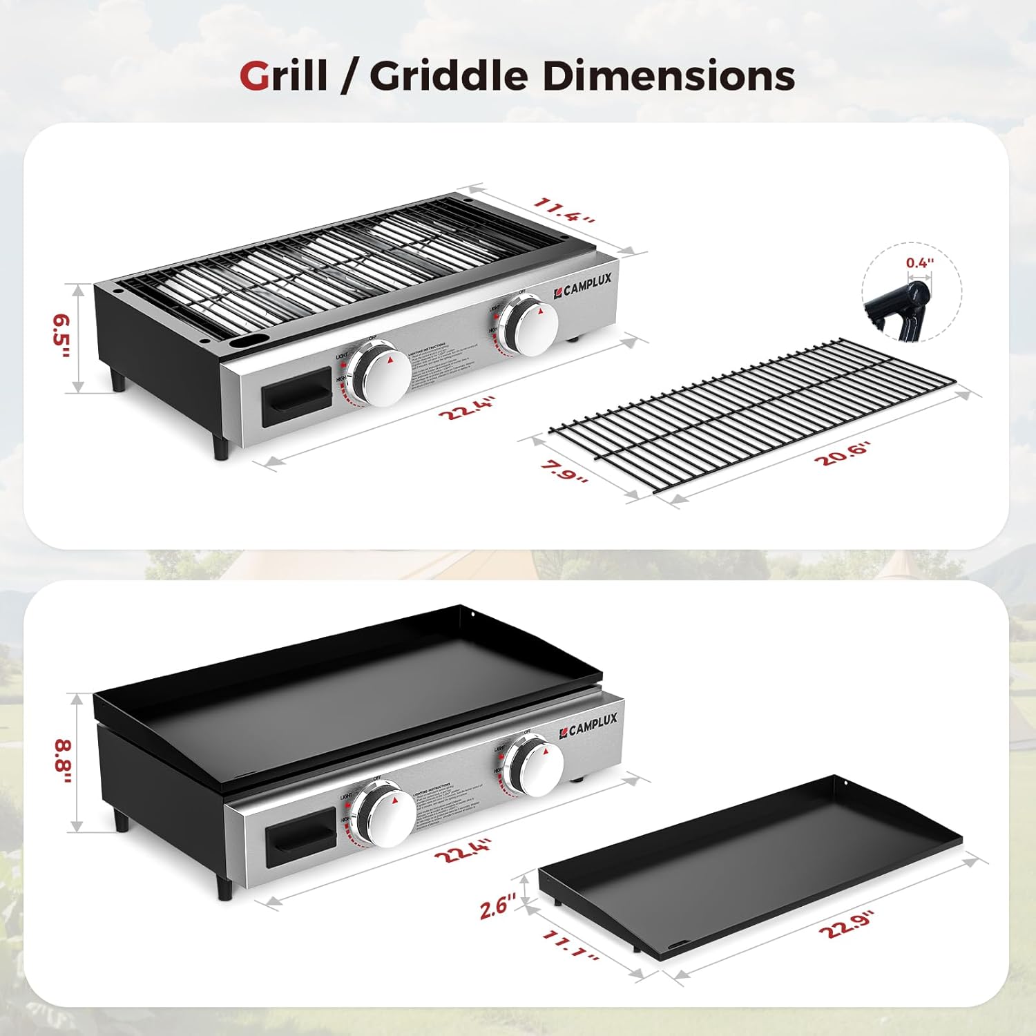 CAMPLUX Propane Tabletop Grill Griddle 2-in-1, Non-Stick Flat Top Griddle with Ceramic Coated 19,000 BTU, 23-Inch Gas Grill for RV, Camping, Tailgating, and Outdoor GG302S