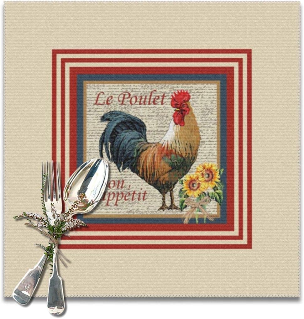 Jianyue French Country Rooster Placemats for Dining Table Heat-Resistant Kitchen Banquet Party Table Mats Set of 6,(12x12inch)