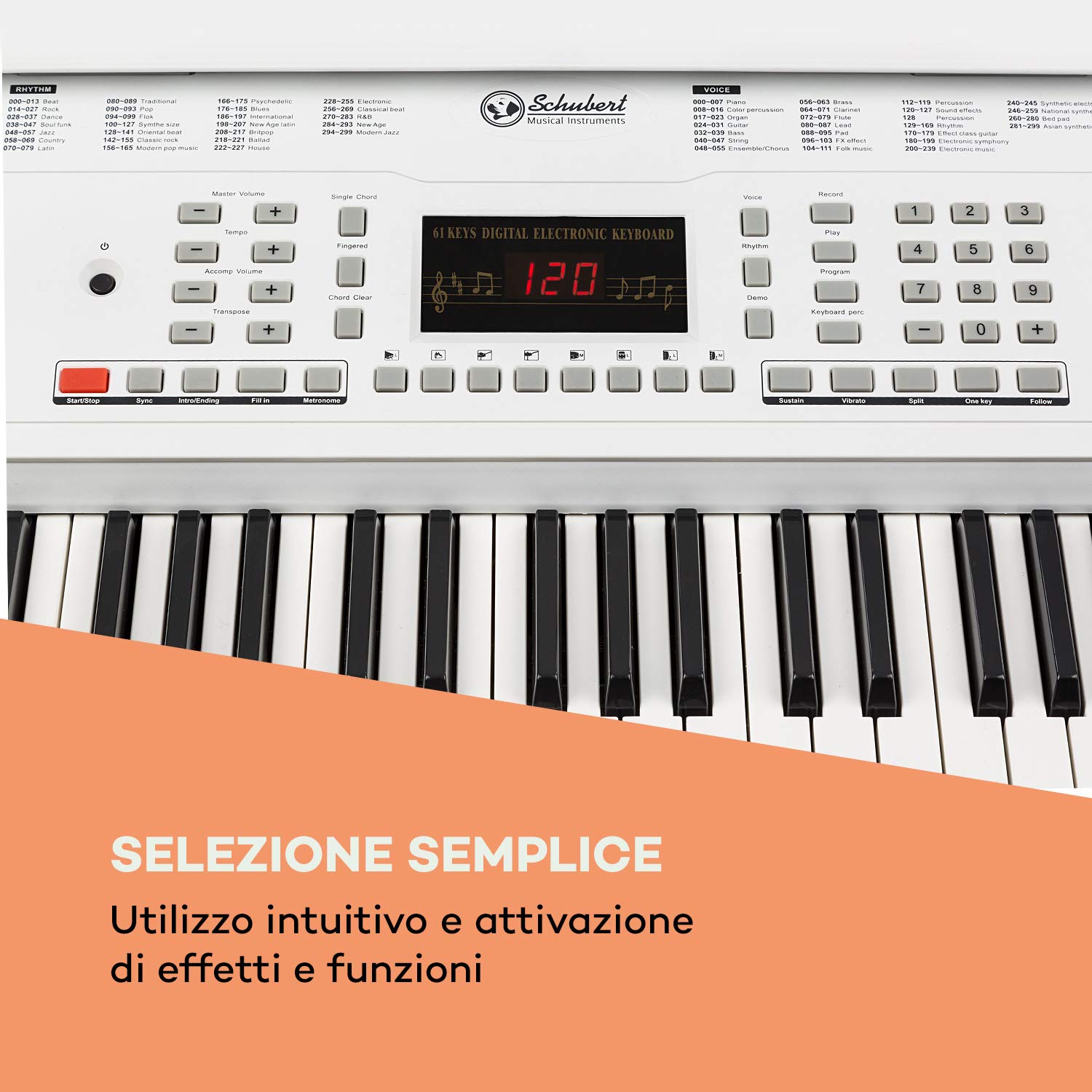 Schubert Etude 61 MK II Digital Keyboard - Tasten-Keyboard, 61 Tasten, Lern- und Aufnahmefunktion, 50 Demo-Songs, 300 Klänge/Rhythmen, Netz- und Batteriebetrieb, inkl. Notenständer, weiß