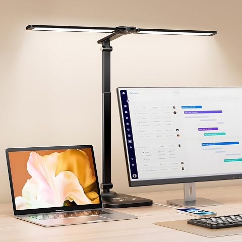 CHARYJOD Doppelkopf Schreibtischlampe LED Dimmbar, Dehnbare LED Schreibtischlampe,Schreibtisch Lampe hat 5-Farbtemperaturen und 10-Helligkeitsstufen, USB-Ladeanschluss