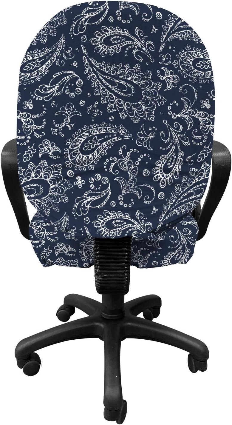 Ambesonne Paisley Office Chair Slipcover, Vintage Ornament Bohemian Motifs with Grunge Look Hand Drawn Style Pattern, Protective Stretch Decorative Fabric Cover, Standard Size, Blue White