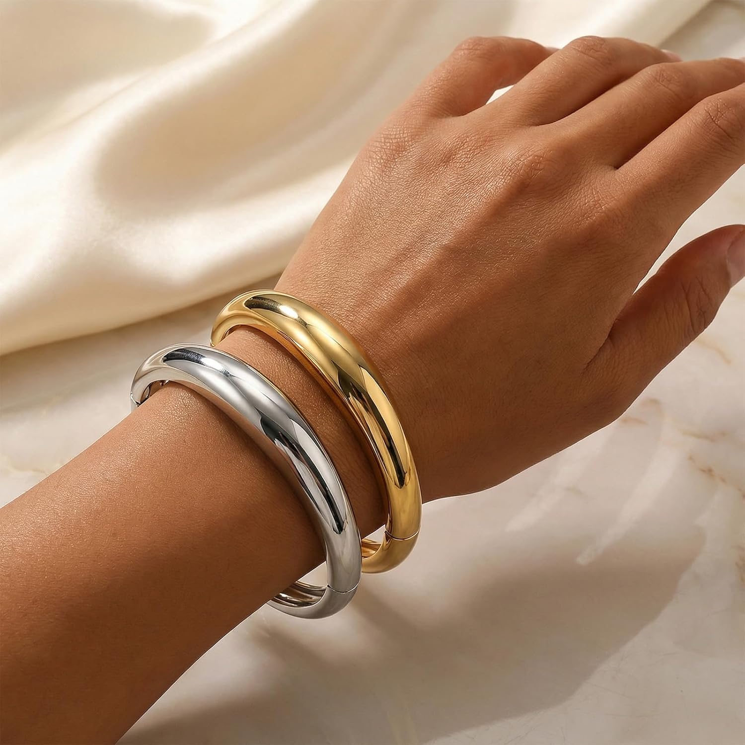 Gold Bangle Bracelets for Women Silver Plated Cuff Bangle Wide Wire Chunky Cuff Bracelets Trendy Hinged Open Wide Bracelet Irregular Minimalist Bangle Jewelry - Image 3