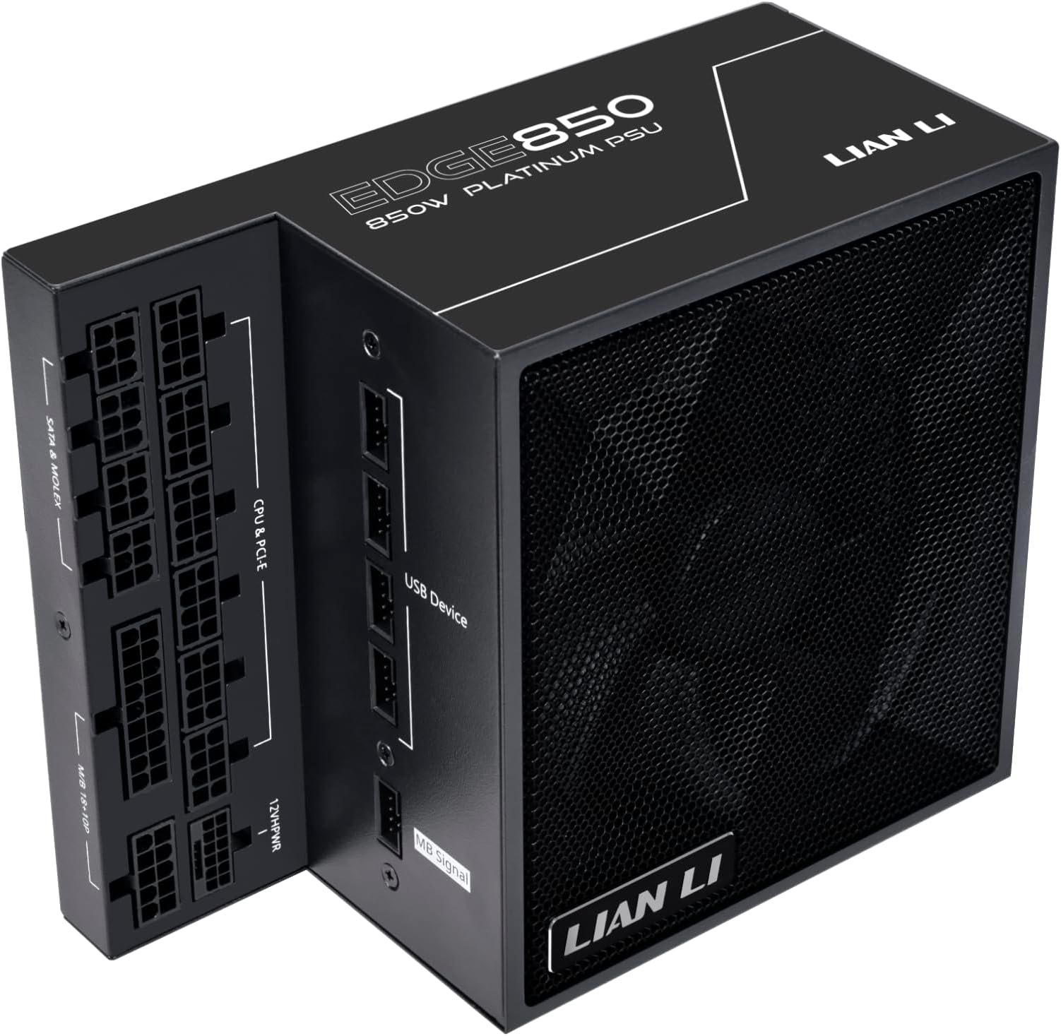 Lian Li Edge Series-850W Full Modular Power Supply-80 Plus Platinum-ATX 3.0, 3.1-PCIE 5.1-L-Shape Design for Dual Chamber Case-120mm FDB Fan-Supports up to 4X USB Devices-Black (EG0850BE.US)