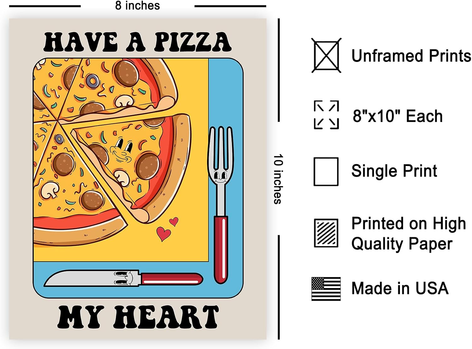 Poster Master Have A Pizza My Heart Poster - Retro Pizza Print - Food & Drink Art - Preppy & Trendy Design - Humorous Design - Chic Boho Decor - Funny Kitchen or Restaurant Decor - 8x10 UNFRAMED