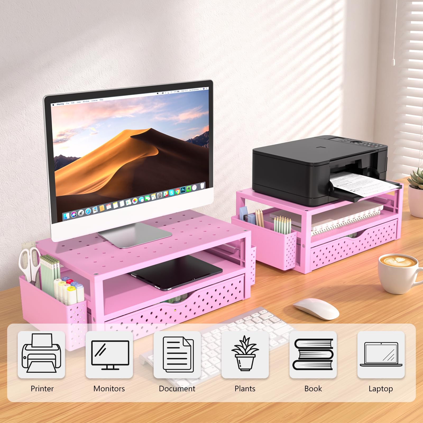 WALI Desk Organizer with Drawer and Pen Holder, 3 Tier Computer Monitor Stand for Home Office Supplies, Laptop Stand Riser for Computer, Laptop, Printer(PTT004-P), 1 Pack, Pink view 8
