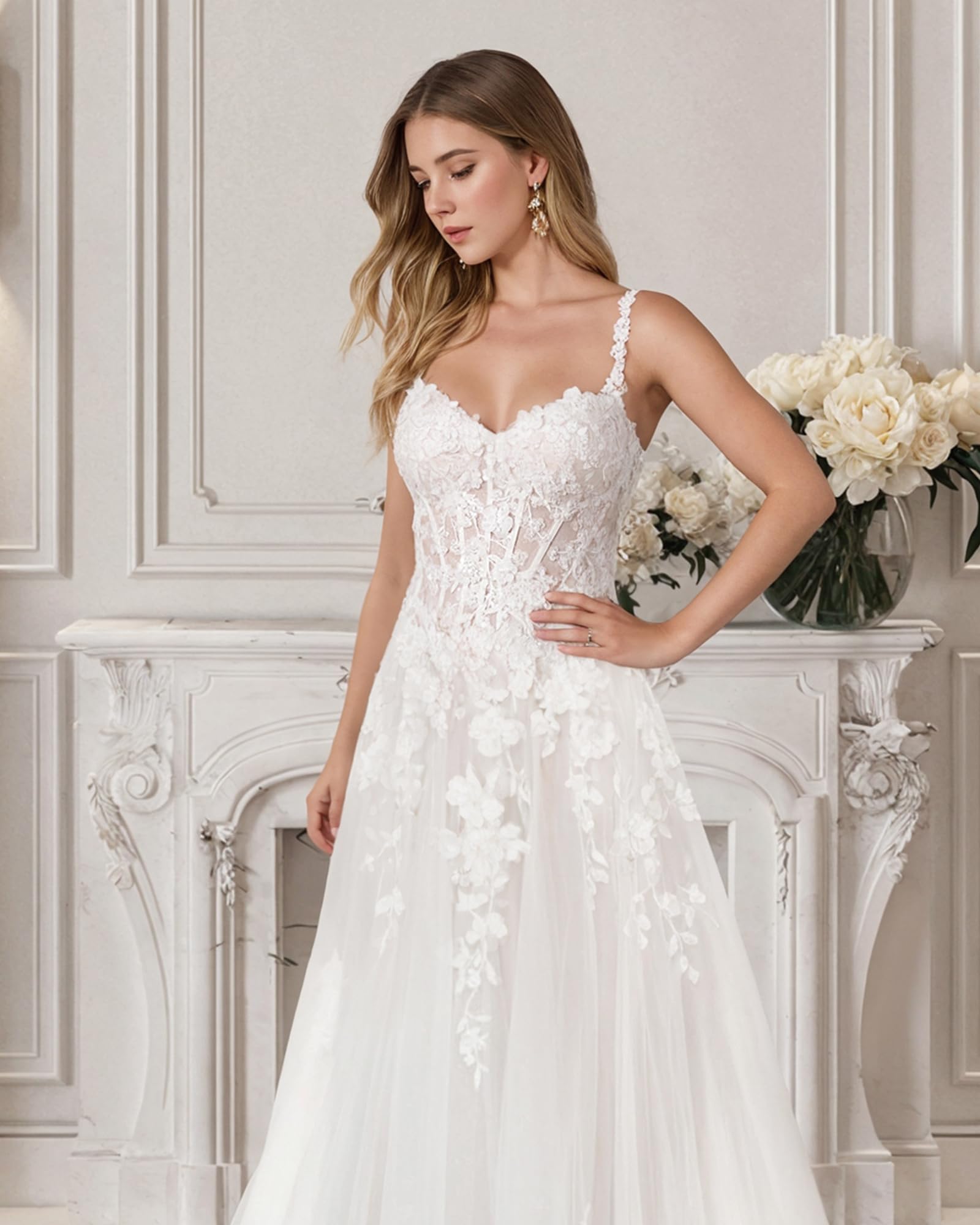 JAEDEN Spitze Brautkleider Damen Tüll Hochzeitskleider A-Linie Braut Standesamtkleider Herzausschnitt