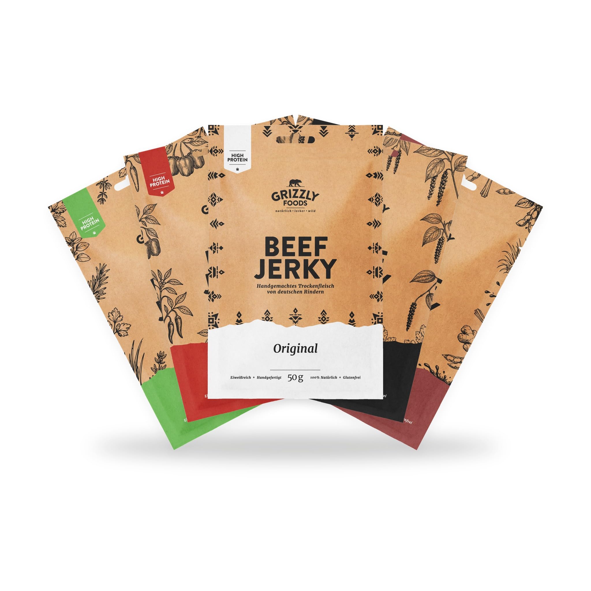 Grizzly Foods • Beef Jerky Probierpaket mit 5 Sorten (5 x 50g) • Trockenfleisch Eiweiß Snacks • Rindfleisch aus Deutschland • High Protein Snack für Gym, Fitness, Outdoor, Office