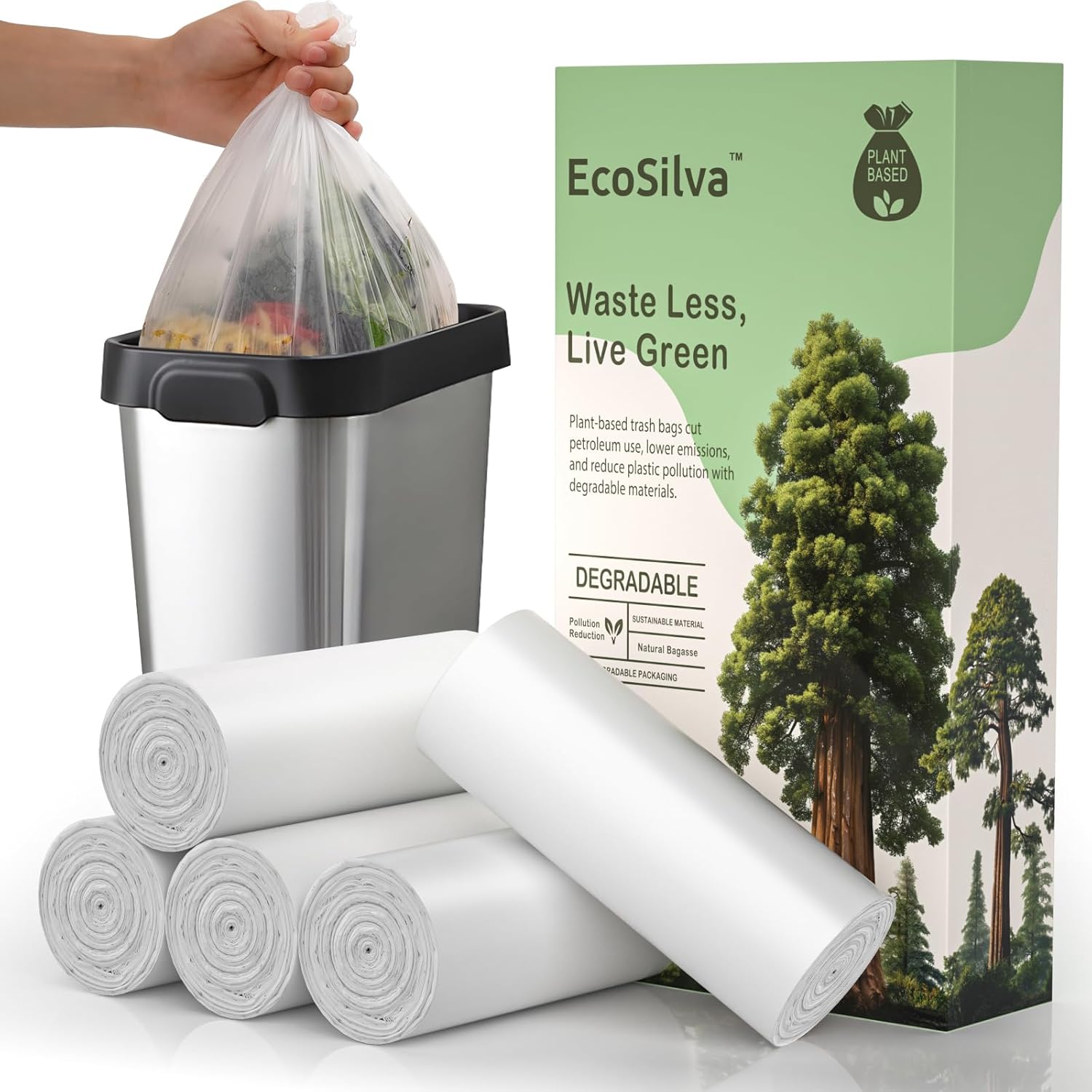 Small Compost Bags 1.3 Gallon Mini Trash Bags 125 Count, Ecosilva Compostable Bag 5 Rolls Small Biodegradable Trash Bags Unscented, 4.5-5 L Wastebasket Compostable Bag for Kitchen Compost Bin (White)
