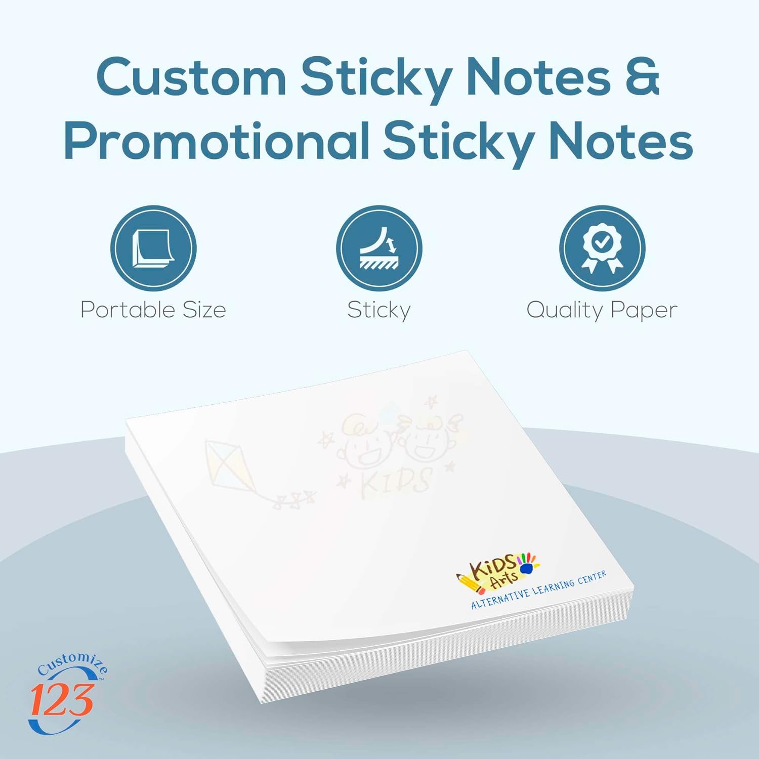 Personalized Sticky Notes 3" x 3" with Text or Logo, Custom Note Pads, 50 Sheets 250 Pack Adhesive Notepad, to Do List Memo Pads, for Office, School, Business Marketing or Party Supplies, 250 Qty