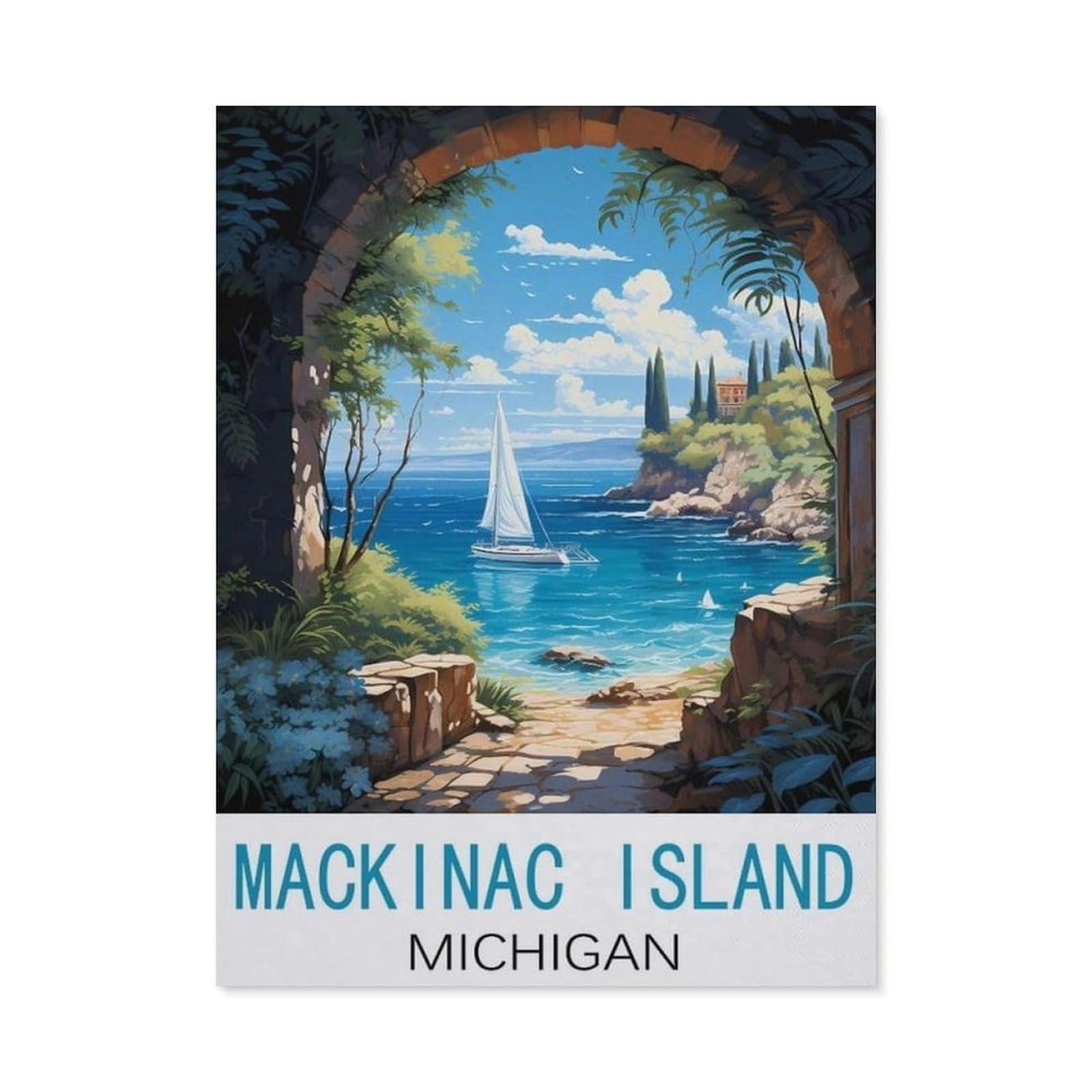 BEAYODKP DIY 5D Diamond Painting，Mackinac Island Michigan Vintage Travel Poster，Round Diamond, Used for Room Decoration（50 x 60 cm/19.68 x 23.62 inches）-CP53