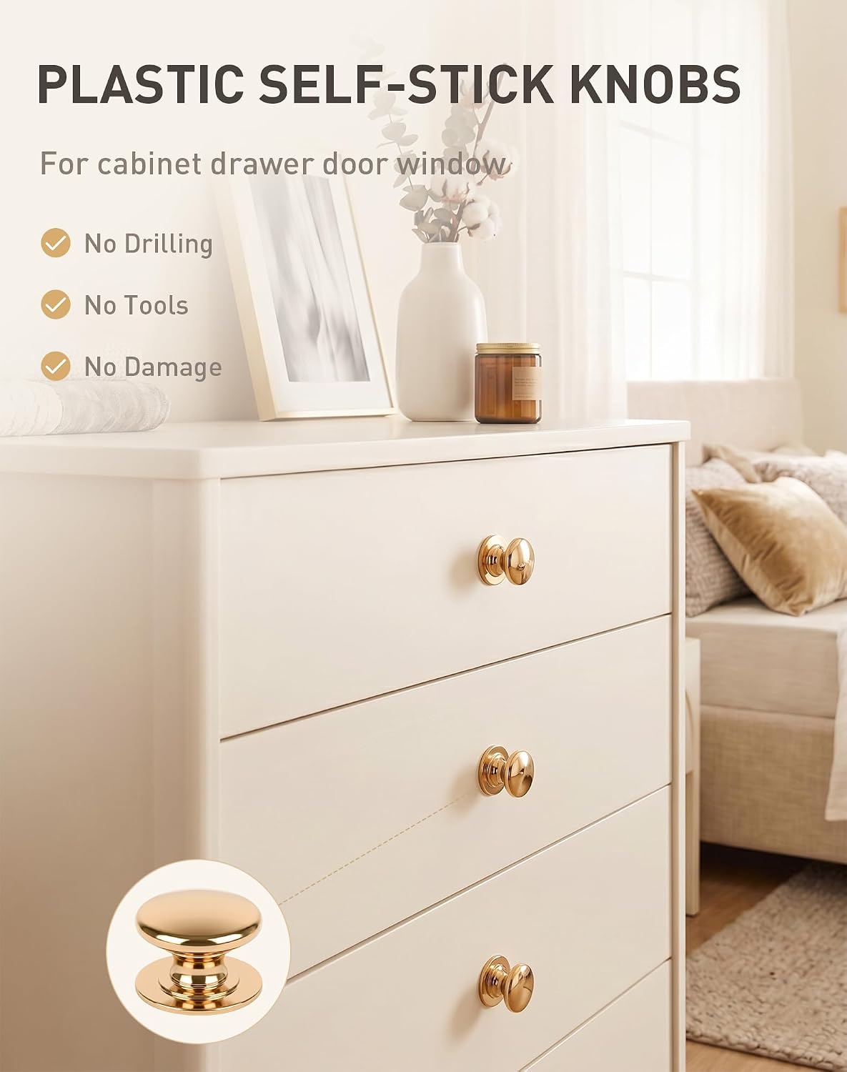 6 Pack Self-Stick Knobs Peel and Stick Cabinet Knobs Rose Gold Plastic Drawer Handle Pull with Adhesive Rose Gold Stick On Handle for Cupboard Fridge Dresser Window