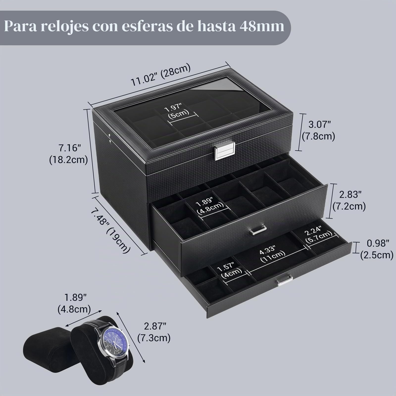 ProCase Organizadora para Relojes para Hombre, 20 Ranuras Caja Organizadora de Joyería de 3 Capas con Cajón Estuche de Almacenaje con Tapa de Cristal Vitrina Expositor -Negro Puro