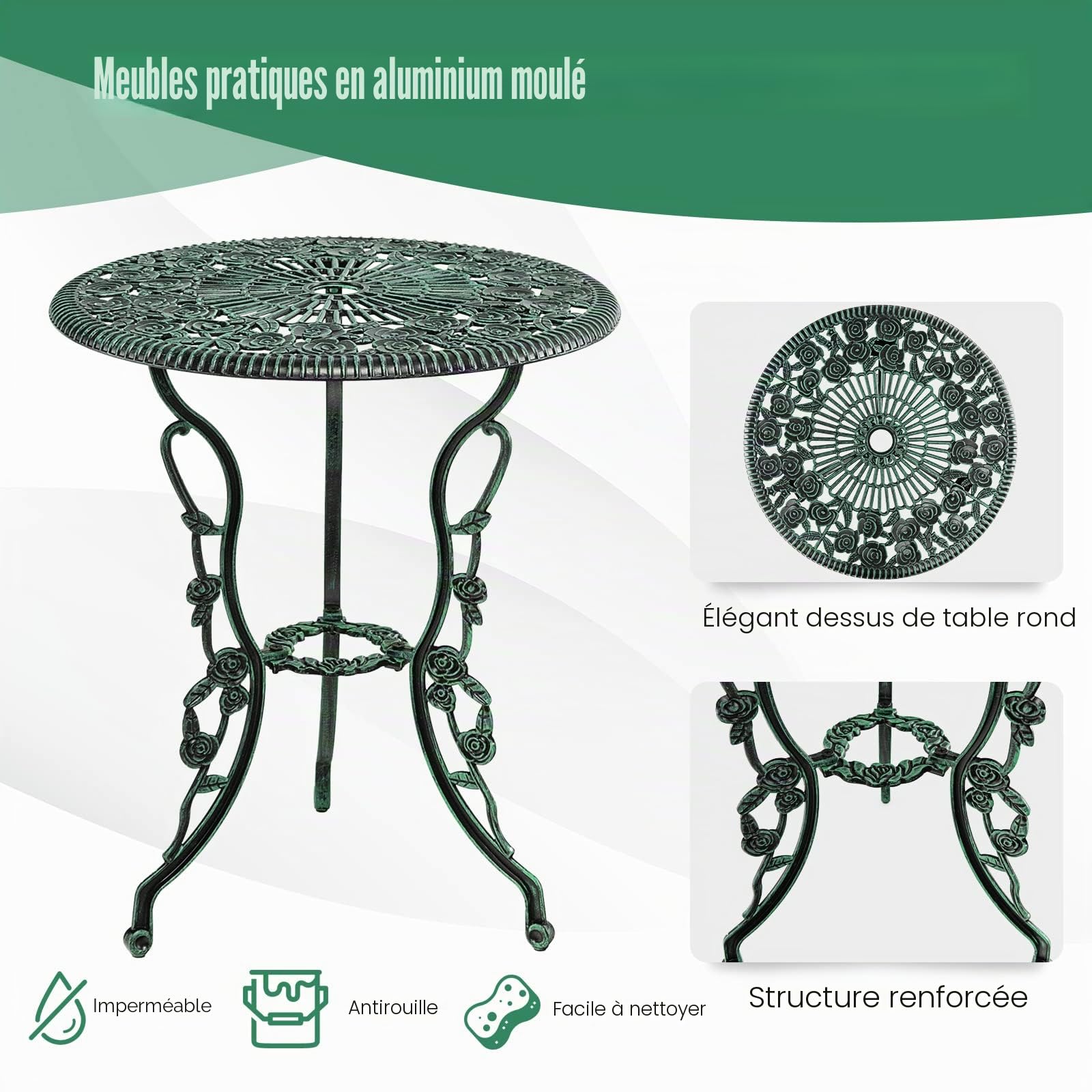 Salon de Jardin 2 Personnes Fonte Aluminium Table Extérieure avec 2 Chaises Trou Parasol Motif Rose Vert