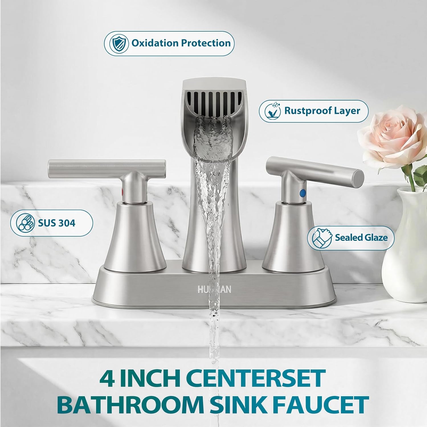 Waterfall Bathroom Faucets 3 Hole, HURRAN 4 Inch Centerset Bathroom Sink Faucet with Pop-up Drain, Stainless Steel 2 Handle Modern Sink Faucet Mixer Tap for Vanity RV Restroom Basin, Brushed Nickel - Image 4