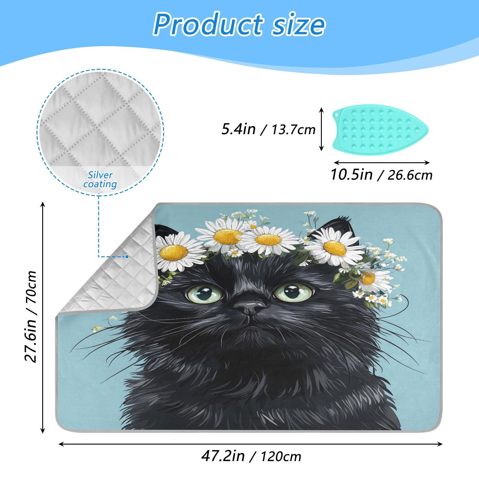 pnyoin Portable Ironing Mat Cute Cat White Daisies Travel Ironing Pad with Silicone Iron Rest for Steam Pressing on Tabletop or Bed Heat Resistant Portable Quilting & Travel Blanket
